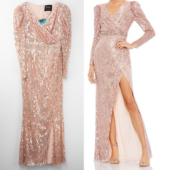 Mac Duggal Maxi Dress Sequin V-Neck Formal Evening Rose Pink 93549 Size 4 New - Picture 1 of 9